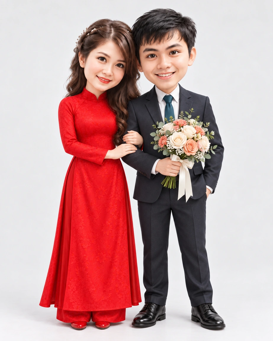 Công Quang và Hải Nam khoác tay bên nhau, chú rể cầm bó hoa